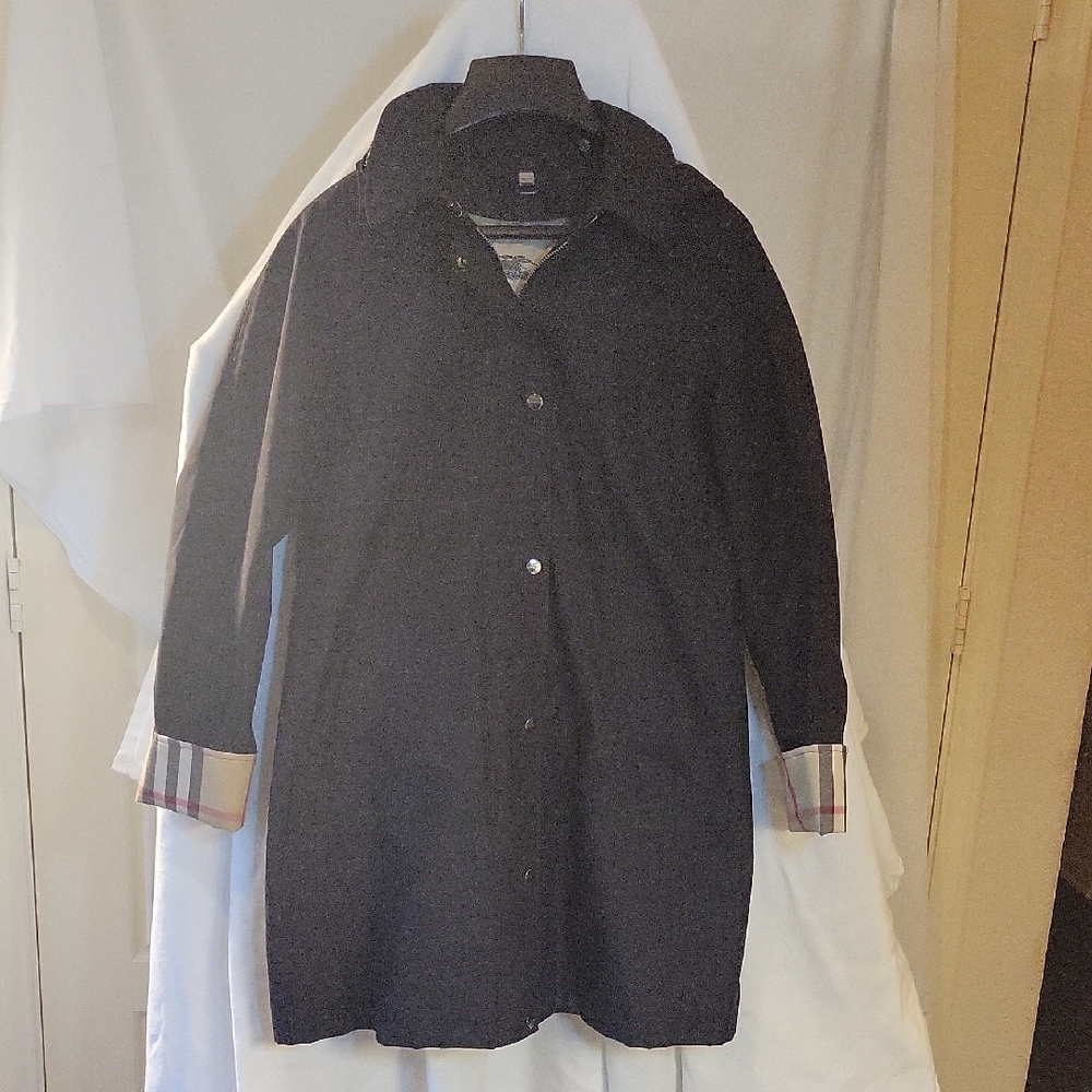 Burberry Black Trench Coat with Plaid Cuffs